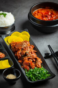 korean food;Jeyuk Bokkeum or fried pork in korean style sauce